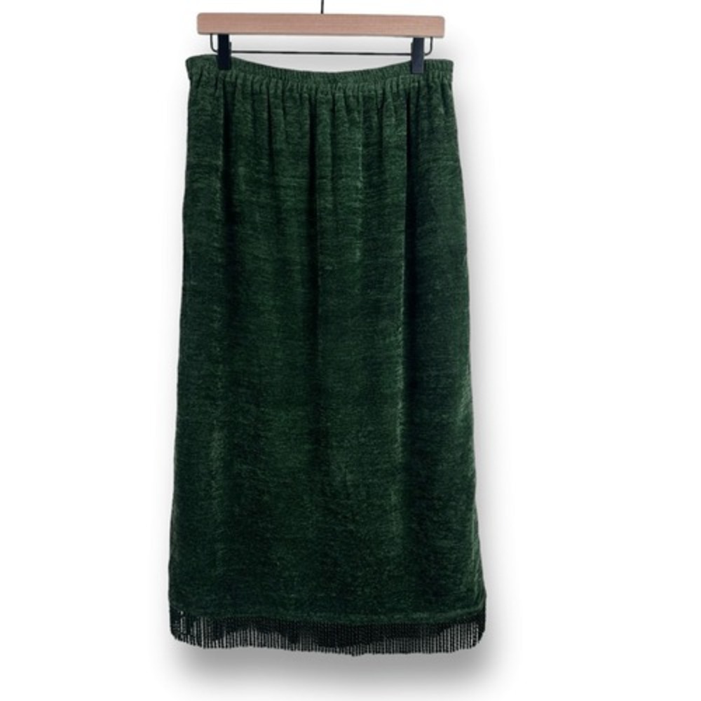 Indigo Moon Forest Green Chenille Fringe Midi Skirt Elastic‎ Waist Lined Large